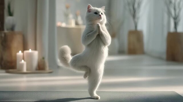 A white cat stands on its back legs in a bright room with candles while holding a yoga pose
