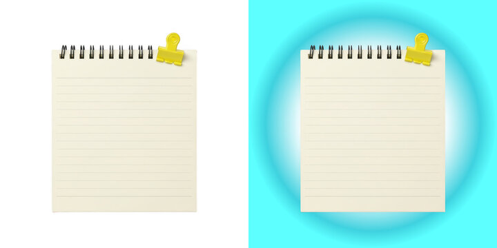 Blank lined spiral notebook with yellow clip isolated on white background