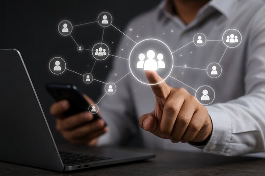 Man interacting with a glowing network of connected user icons