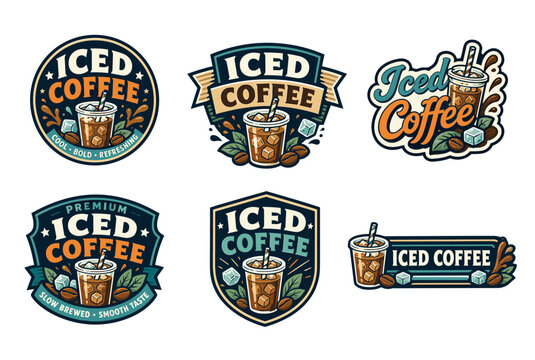 Set of iced coffee logos featuring refreshing beverages in cups with ice cubes and coffee beans, designing cool emblems for drink menus and summer branding
