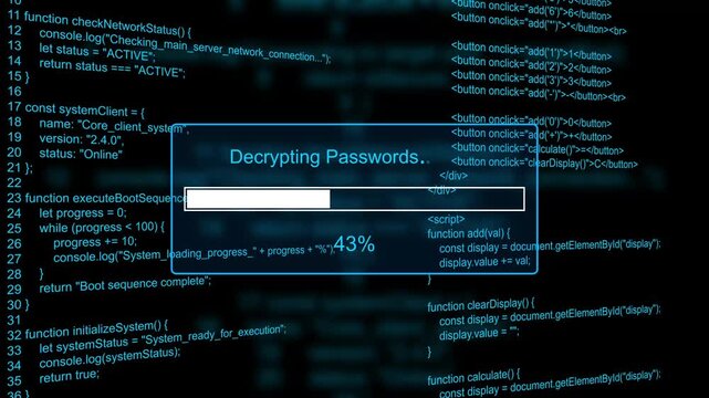 Decrypting passwords cyber security progress bar animation loop with percentage loading box on dark code background visual asset