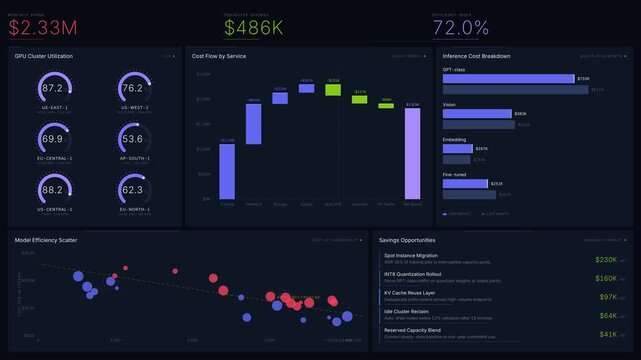 Explore the AI Infrastructure Cost Optimization Dashboard showcasing real-time data visualization with sleek panels, animated charts, and insightful KPI metrics in a modern design.
