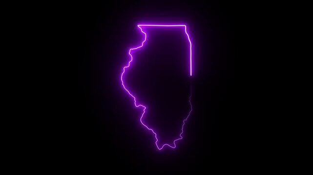 Glowing neon outline map of illinois state, pulsing purple light effect on black background 4K Motion video animation