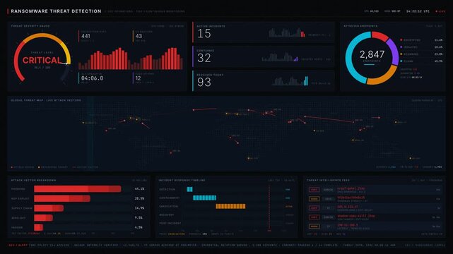 A visually striking ransomware threat detection SOC dashboard displaying threat severity, active incidents, affected endpoints, global threat map, and response timeline, designed for cybersecurity.