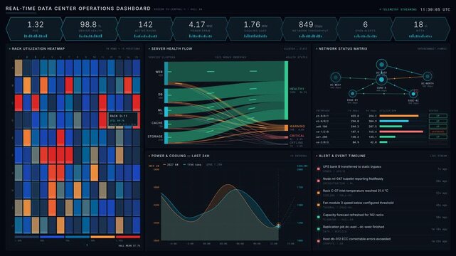 A visually engaging real-time data center operations dashboard showcasing key performance indicators, server health, power usage, and network status with vibrant colors and dynamic animations.