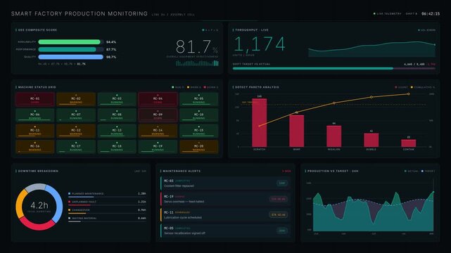 An advanced smart factory production monitoring dashboard displaying real-time metrics with vibrant colors, including OEE, throughput, machine status, and defect analysis.