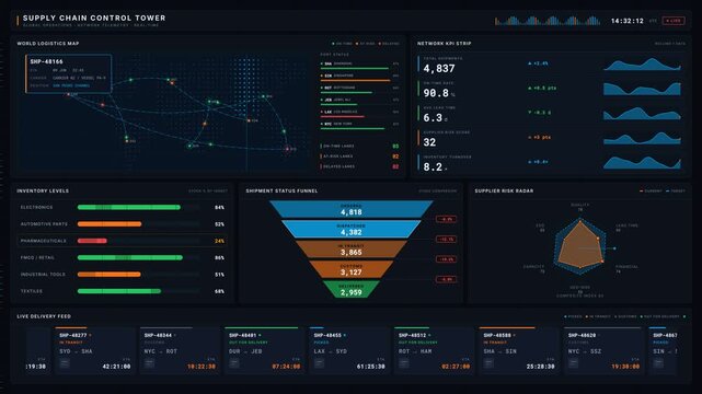 A comprehensive Supply Chain Control Tower dashboard showcasing animated shipping routes, KPI metrics, inventory levels, and supplier risk analysis for effective logistics management.
