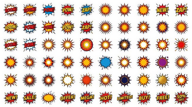 Retro comic book speech bubbles set, vintage pop art explosion icons, colorful 60 starburst stickers for marketing and sales