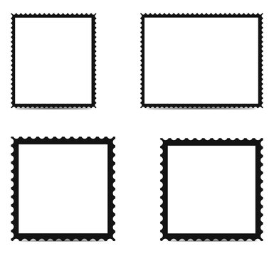 Four empty postage stamps on transparent background
