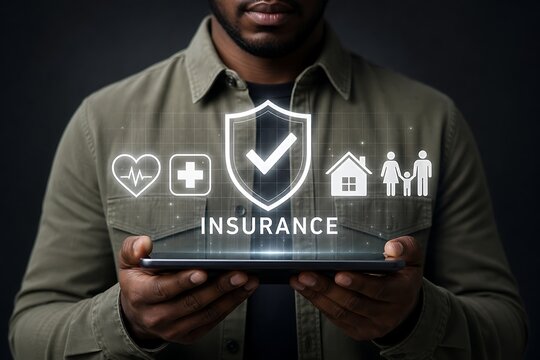 Person holding tablet with insurance shield and family icons above
