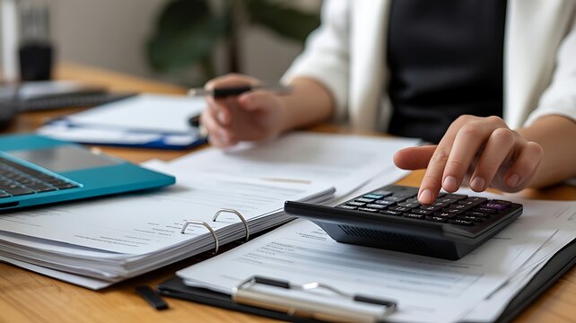 Accountant calculator while reviewing clipped financial papers near a laptop, checking budget figures and account records for finance analysis and business budgeting with copy space.