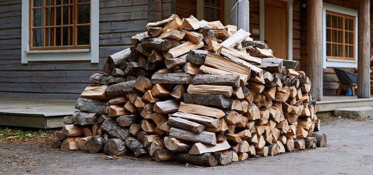 A tidy stack of firewood next to a cabin in a warm autumn environment, evoking rustic charm.