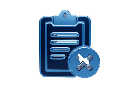 Checklist with Cross Mark: A 3D blue checklist on a clipboard with a prominent red cross mark, signifying a task completion failure or rejection.