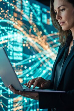 Female consultant using laptop beside data trails