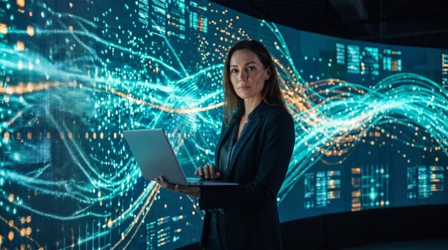 Female analyst with artificial intelligence network display