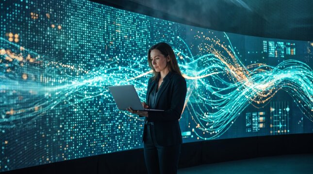 Businesswoman analyzing artificial intelligence data streams
