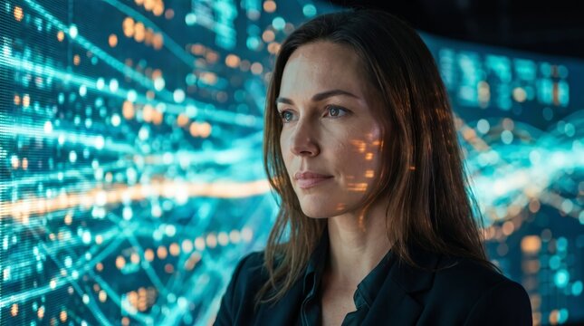 Female executive contemplating artificial intelligence data
