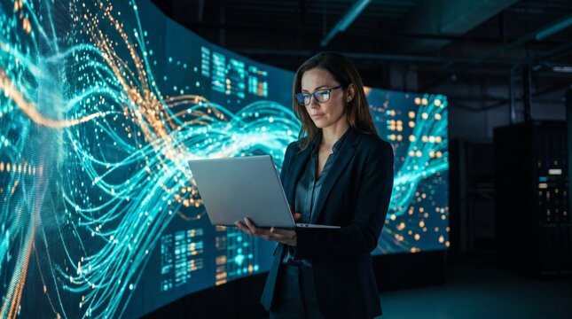 Female analyst using laptop beside artificial intelligence dashboard