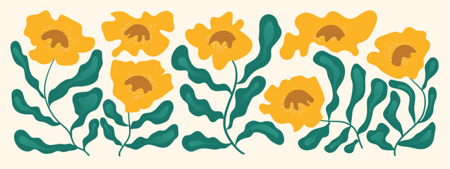 Obraz premium Folk floral vector border illustration. Yellow flowers with green wavy leaves on cream background for decorative banner, packaging, textile, greeting card and surface design