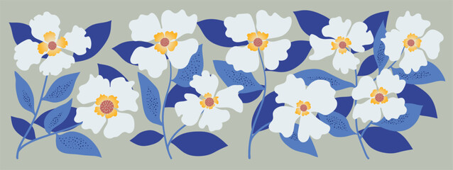Obraz premium Floral botanical vector border. White flowers with blue leaves on soft green background for decorative banner, packaging, invitation, textile and surface design