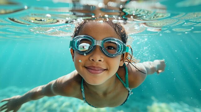 Tracking slow motion underwater shot of young girl swimming toward camera in sunlit clear pool during daytime summer play