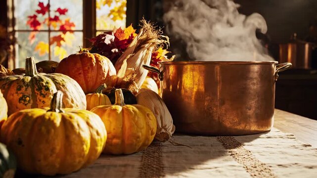 Steaming copper pot with hot soup and fresh autumn pumpkins, harvest celebration, thanksgiving dinner preparation, rustic kitchen setting