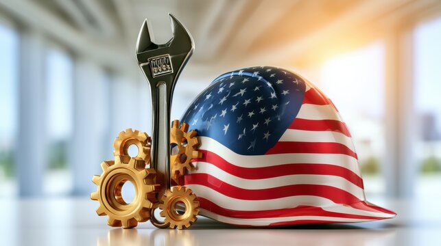 A construction helmet painted with the American flag, surrounded by golden gears and a wrench, symbolizing American industry and engineering.