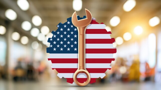 A gear shaped like the United States flag with a wrench in the center, symbolizing American industry, manufacturing, and mechanical work.