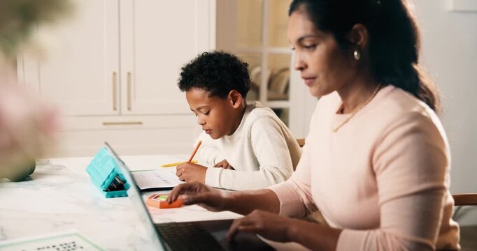 Kid, homework and mother with laptop for remote work, typing report and help child with assignment. Woman, son and assistance in house with school task, conversation and computer for freelance job.