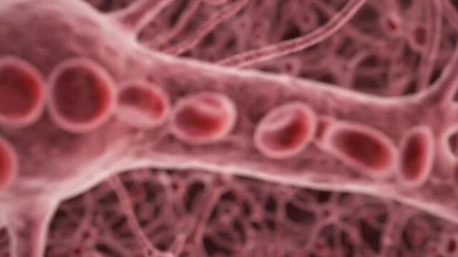 Microscopic View of Human Blood Vessels and Red Blood Cells Flowing.