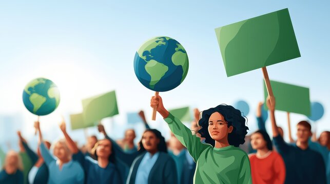 A diverse group of protesters hold green signs and Earth globes, advocating for environmental protection and global awareness.