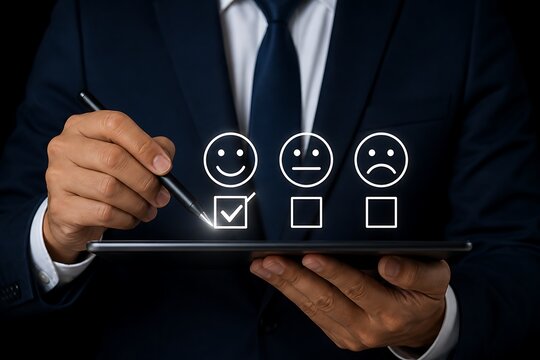 Businessman selecting happy smiley face on digital tablet with glowing icons