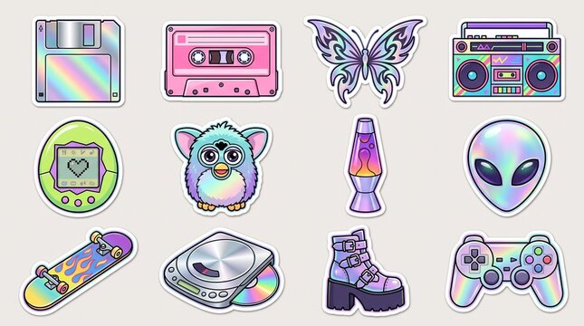 Set of 90s and 2000s Y2K aesthetic stickers with holographic retro tech and pop culture