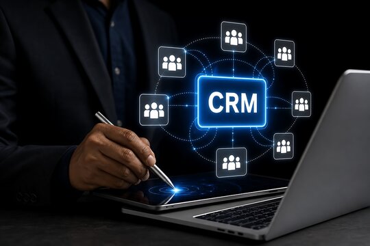 Businessperson using laptop with crm interface and user icons floating above