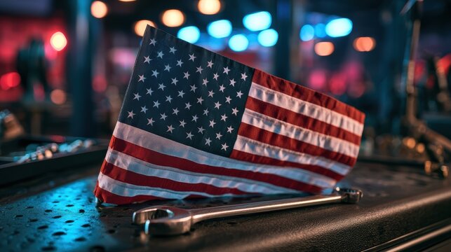 A small American flag displayed on a metallic surface with blurred colorful lights in the background, creating a patriotic and vibrant nighttime scene.