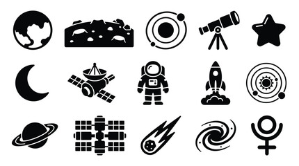 A collection of black and white icons representing various celestial bodies, space exploration equipment, and astronomical phenomena. © yuanita