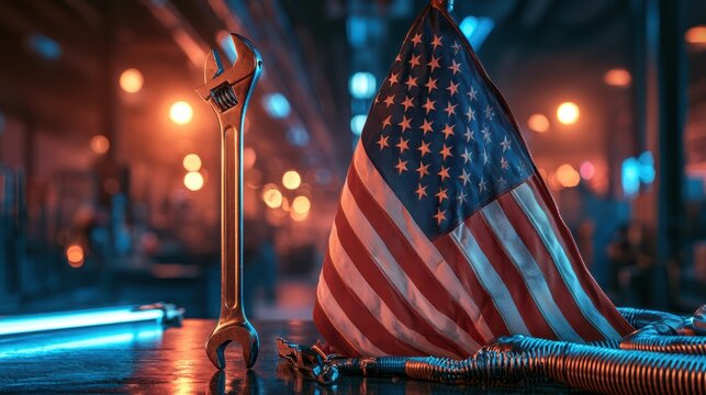 An American flag stands next to a large adjustable wrench in a workshop with warm, blurred lighting in the background.