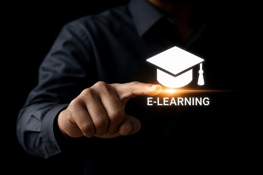 Finger pointing at glowing graduation cap with e-learning text on dark background
