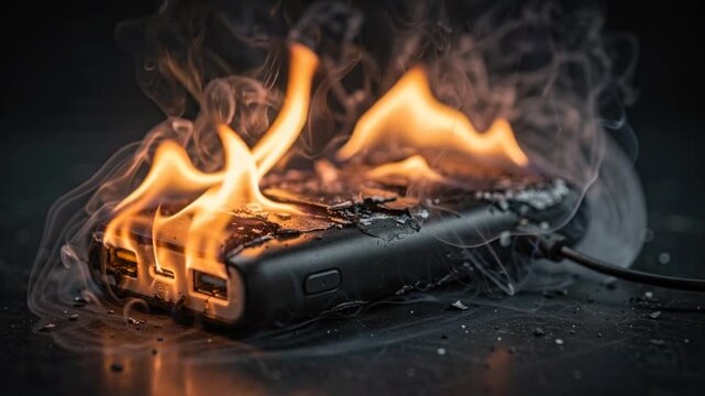 Portable power bank on fire with orange flames and smoke, illustrating lithium battery failure and electrical hazard during charging.