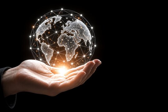 Hand holding a glowing connected globe with network lines