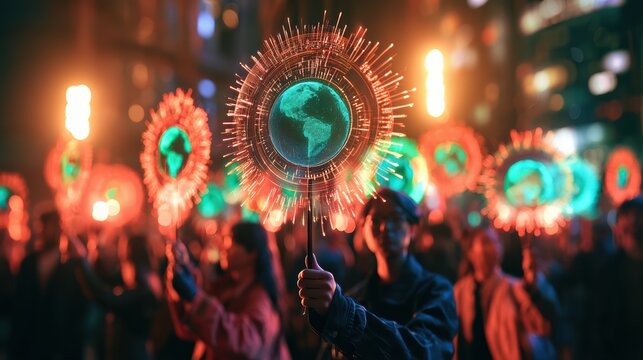 People hold illuminated circular displays featuring a digital Earth at their centers in a vibrant nighttime urban setting.