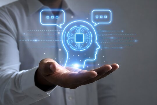 Hand holding glowing brain with circuit board and chat bubbles in futuristic style