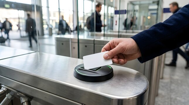 Hand Using Blank Keycard at Modern Office Security Turnstile Entrance