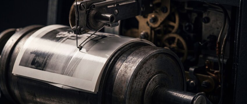 Antique wirephoto facsimile machine drum printing monochrome image through mechanical stylus needle.
