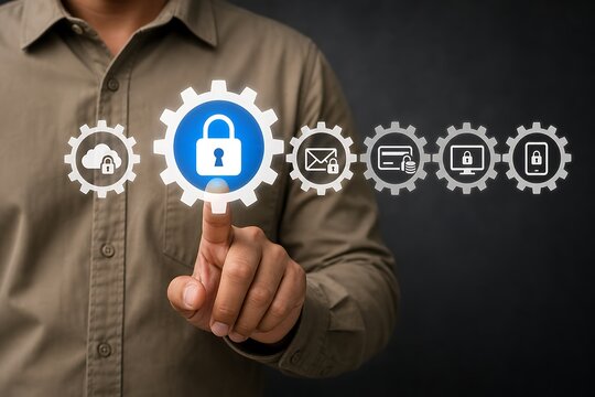 Hand pointing at blue lock icon in a gear chain with security symbols