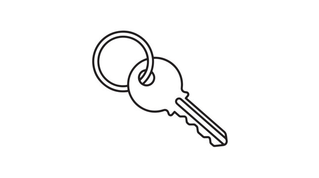 Minimalist house key line art vector, black and white door key on ring, simple security icon for real estate and home access