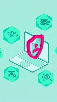 Isometric laptop with digital security icons around, symbolizing data protection, privacy and threat detection, conceptualizing cybersecurity.