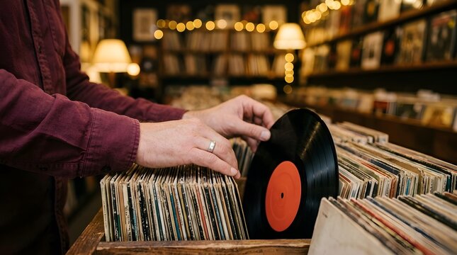 Close-up of hands browsing vintage vinyl records in a cozy music store atmosphere
