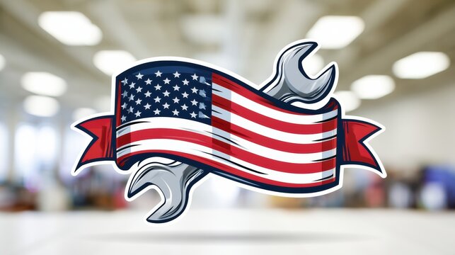 Illustration of a wrench wrapped in the American flag with a red ribbon background, symbolizing U.S. repair, industry, or labor.