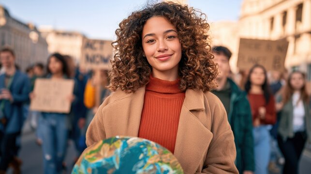 A young woman with curly hair holds a globe while participating in a peaceful protest with others holding signs in an urban setting.
